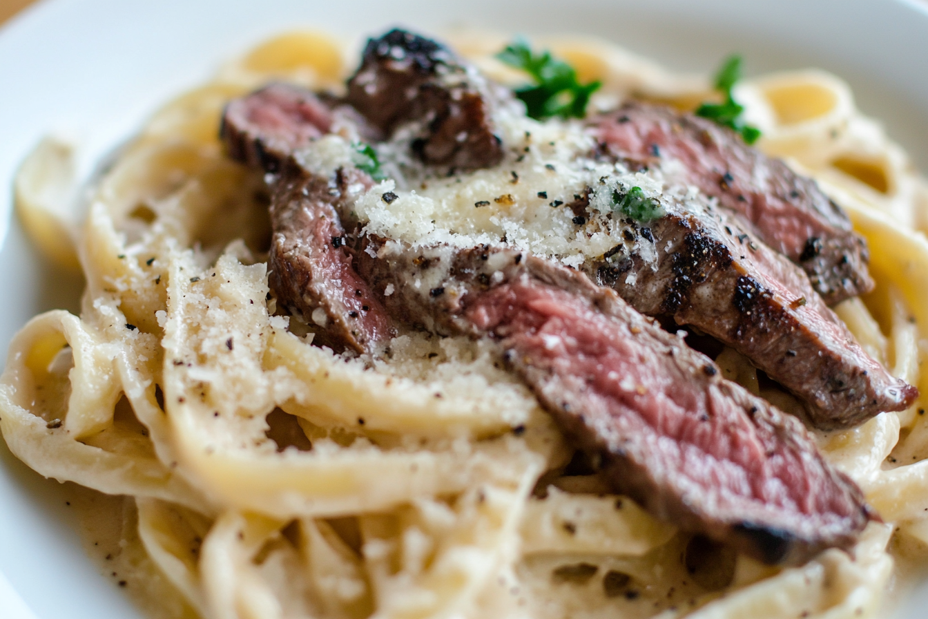 Massa cremosa com bife de alho