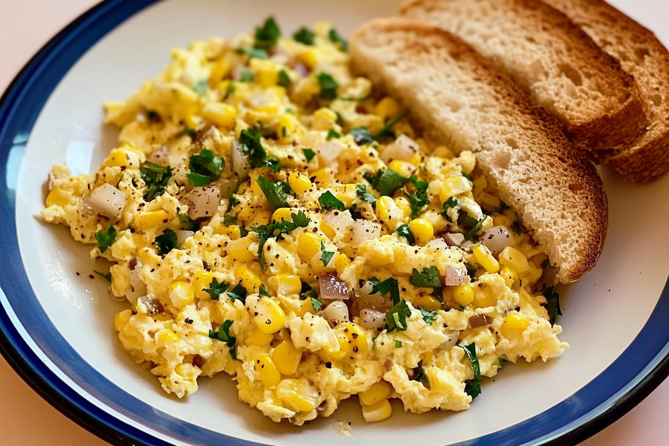 Ovos mexidos com cebola e milho